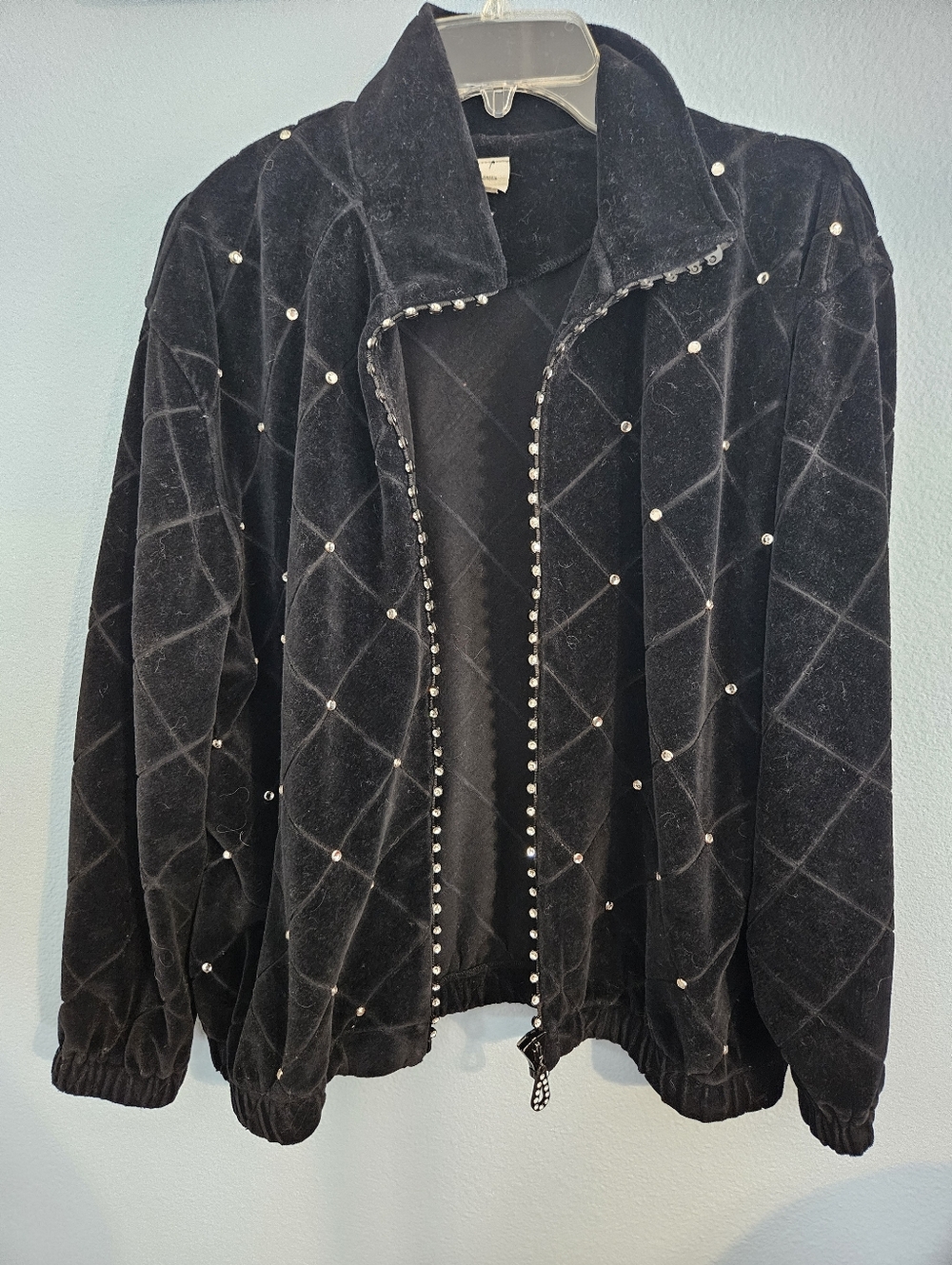 Neiman Marcus Black Velvet Rhinestone-Stud Bomber Jacket